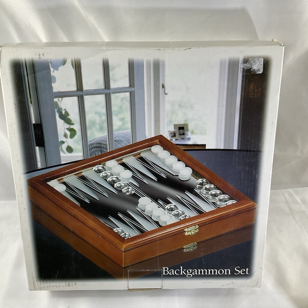 Backgammon Set In Mahogany Finished Case With Glass Marbles & Mirrored Board Top
